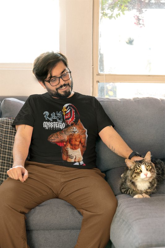 Load image into Gallery viewer, Rey Mysterio Sideways Duo Pose Mens Black T-shirt by EWS | Extreme Wrestling Shirts