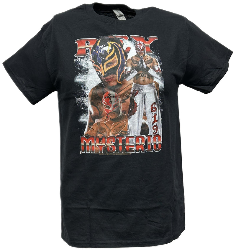 Load image into Gallery viewer, Rey Mysterio Signature Poses Men's Black T-shirt by WWE | Extreme Wrestling Shirts