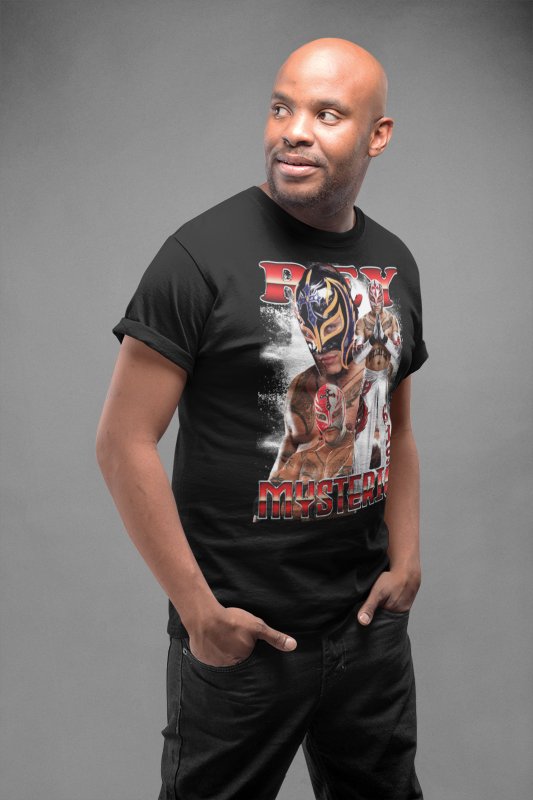 Load image into Gallery viewer, Rey Mysterio Signature Poses Men's Black T-shirt by WWE | Extreme Wrestling Shirts