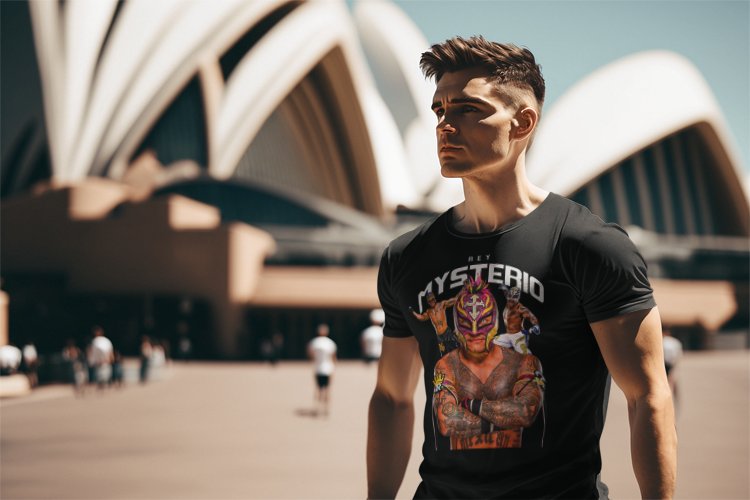 Load image into Gallery viewer, Rey Mysterio Three Pose Men's Black T-shirt by WWE | Extreme Wrestling Shirts