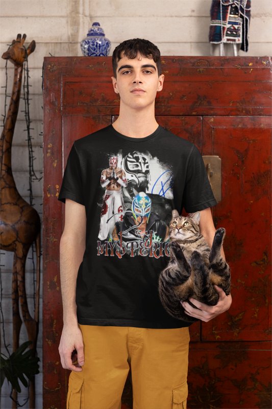 Load image into Gallery viewer, Rey Mysterio Three Pose Signature Mens Black T-shirt WWE by WWE | Extreme Wrestling Shirts