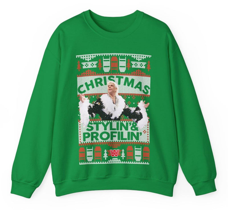 Load image into Gallery viewer, Ric Flair Christmas Stylin and Profilin Flair Ugly Green Christmas Sweatshirt by WWE | Extreme Wrestling Shirts