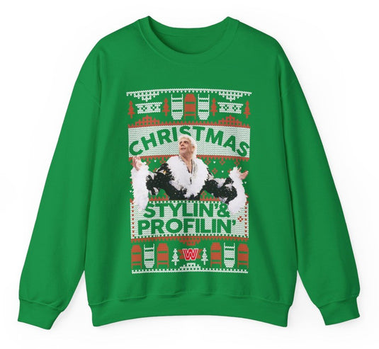 Ric Flair Christmas Stylin and Profilin Flair Ugly Green Christmas Sweatshirt by WWE | Extreme Wrestling Shirts