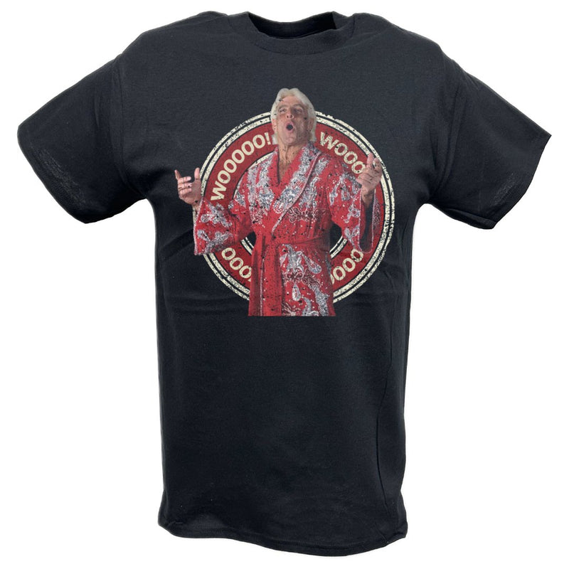 Load image into Gallery viewer, Ric Flair Wooo Red Robe Circle Logo Black T-shirt by EWS | Extreme Wrestling Shirts