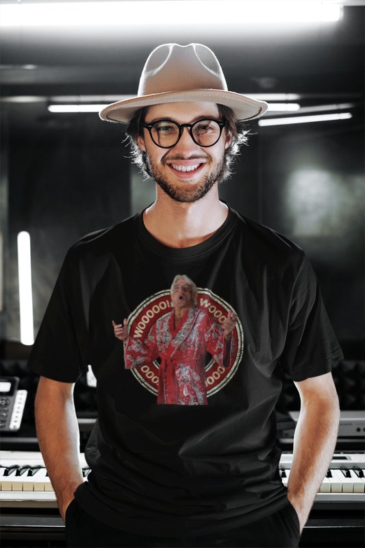 Load image into Gallery viewer, Ric Flair Wooo Red Robe Circle Logo Black T-shirt by EWS | Extreme Wrestling Shirts