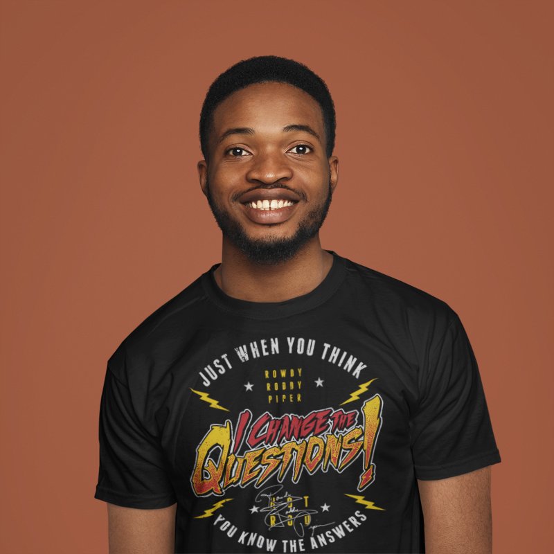 Load image into Gallery viewer, Roddy Piper I Change The Question Hot Rod Black T-shirt by EWS | Extreme Wrestling Shirts