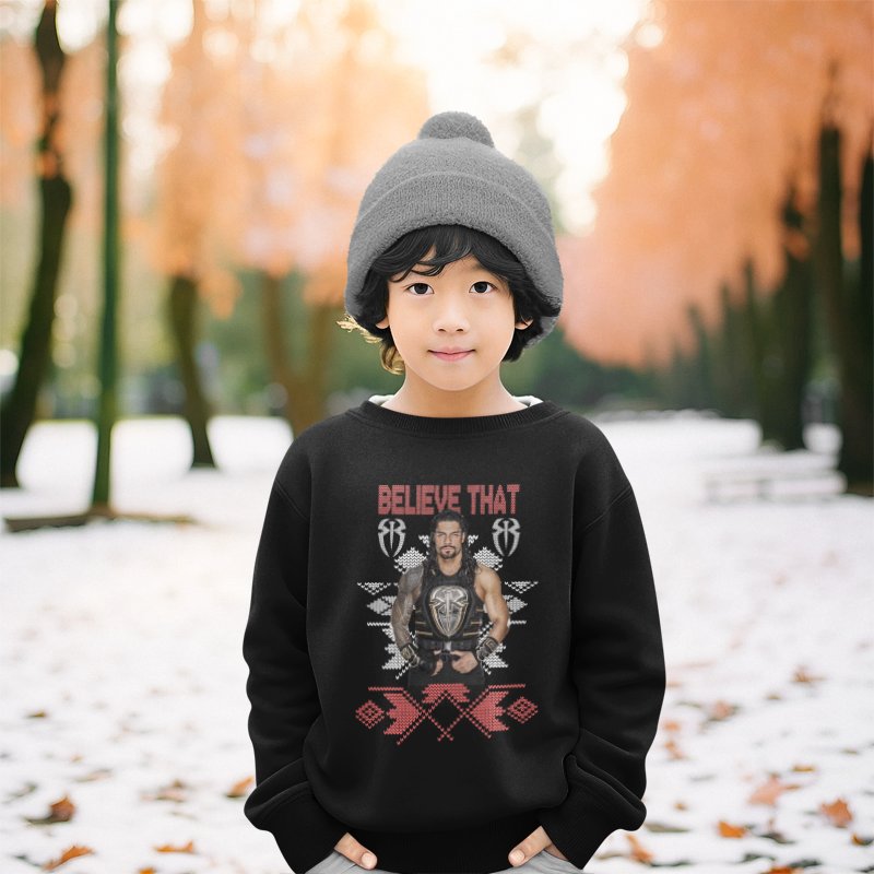 Load image into Gallery viewer, Roman Reigns Believe That Ugly Christmas Kids Youth Sweater Sweatshirt by EWS | Extreme Wrestling Shirts