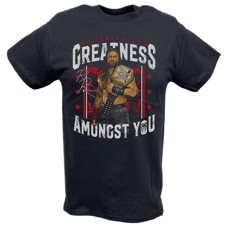 Load image into Gallery viewer, Roman Reigns Greatness Amongst You Pose Black T-shirt by EWS | Extreme Wrestling Shirts