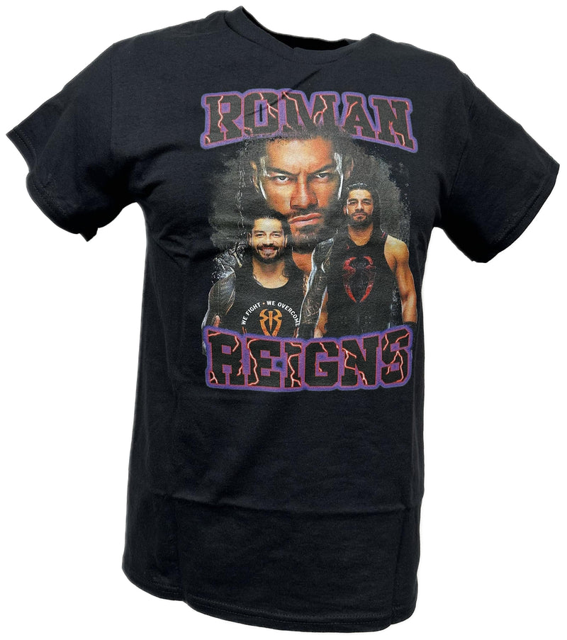 Load image into Gallery viewer, Roman Reigns Purple Name Three Pose Mens Black T-shirt by WWE | Extreme Wrestling Shirts