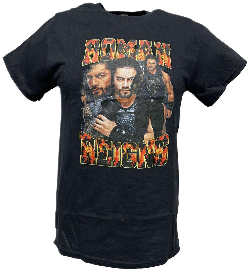 Load image into Gallery viewer, Roman Reigns Three Pose Fire Mens Black T-shirt by WWE | Extreme Wrestling Shirts