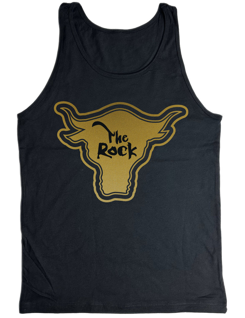 Load image into Gallery viewer, The Rock Gold Bull Logo Attitude Era Black Tank Top Shirt by EWS | Extreme Wrestling Shirts