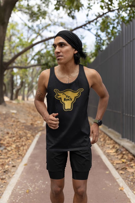 Load image into Gallery viewer, The Rock Gold Bull Logo Attitude Era Black Tank Top Shirt by EWS | Extreme Wrestling Shirts