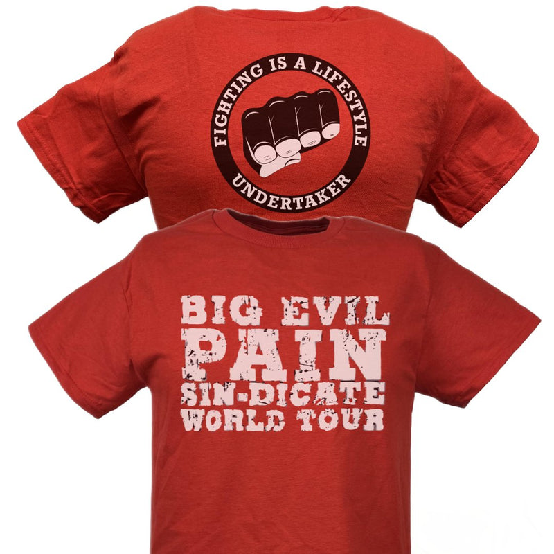 Load image into Gallery viewer, Undertaker Big Evil Pain Sin-Dicate World Tour Red T-shirt by EWS | Extreme Wrestling Shirts