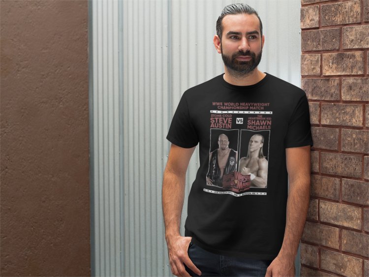 Load image into Gallery viewer, Wrestlemania 14 Stone Cold vs Shawn Michaels WWE Mens Black T-shirt by EWS | Extreme Wrestling Shirts