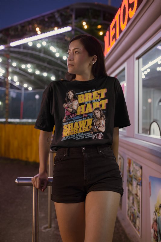 Wrestlemania XII Bret Hart Vs Shawn Michaels Black T-shirt by EWS | Extreme Wrestling Shirts