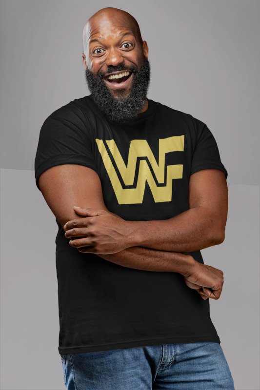 Load image into Gallery viewer, WWF Retro Gold Logo Nostalgia Black T-shirt by EWS | Extreme Wrestling Shirts
