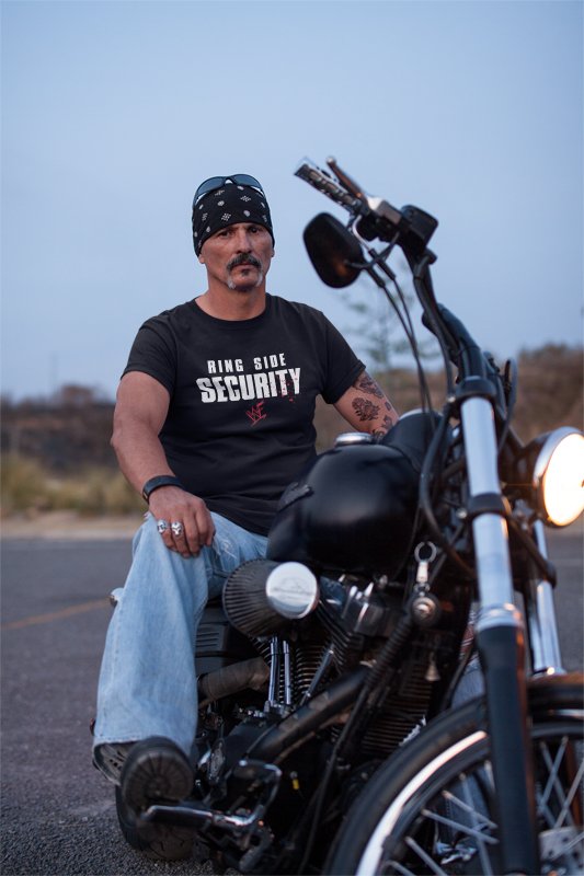 Load image into Gallery viewer, WWF Ringside Security Guard Blood Spattered Mens Black T-shirt by EWS | Extreme Wrestling Shirts