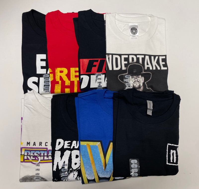Load image into Gallery viewer, 8 Men Size Large WWE T-shirts | Cena Orton Undertaker The Rock Lot 1 L by EWS | Extreme Wrestling Shirts
