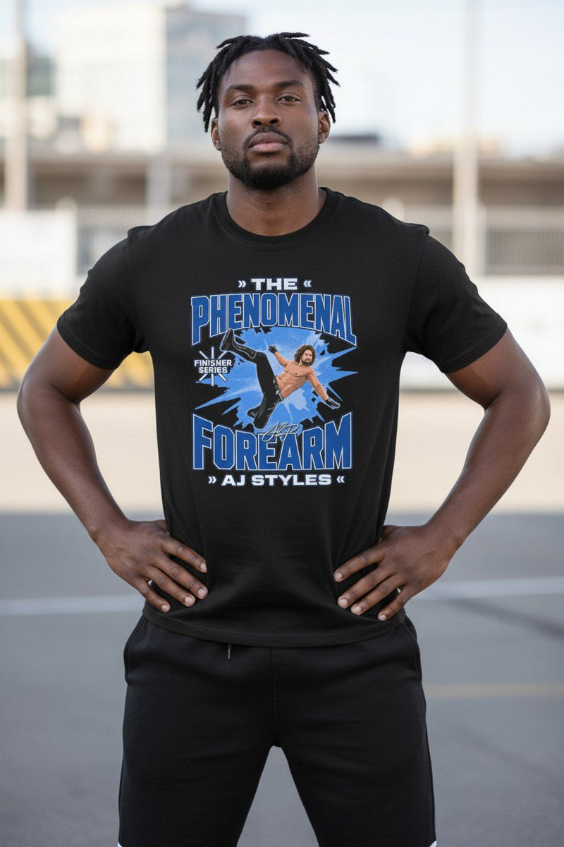 Load image into Gallery viewer, AJ Styles Flying Phenomenal Forearm Black T-shirt by EWS | Extreme Wrestling Shirts
