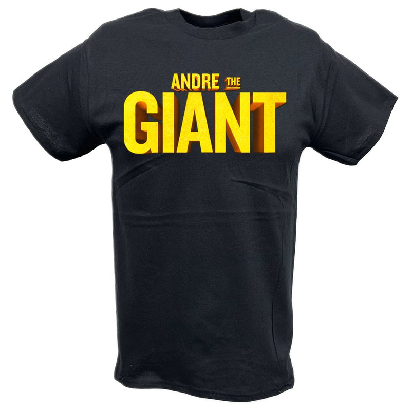 Load image into Gallery viewer, Andre The Giant Big Yellow Logo Black T-shirt by EWS | Extreme Wrestling Shirts
