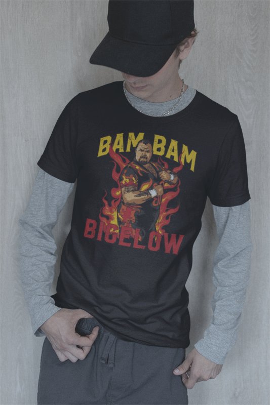 Load image into Gallery viewer, Bam Bam Bigelow Flames Black T-shirt by EWS | Extreme Wrestling Shirts
