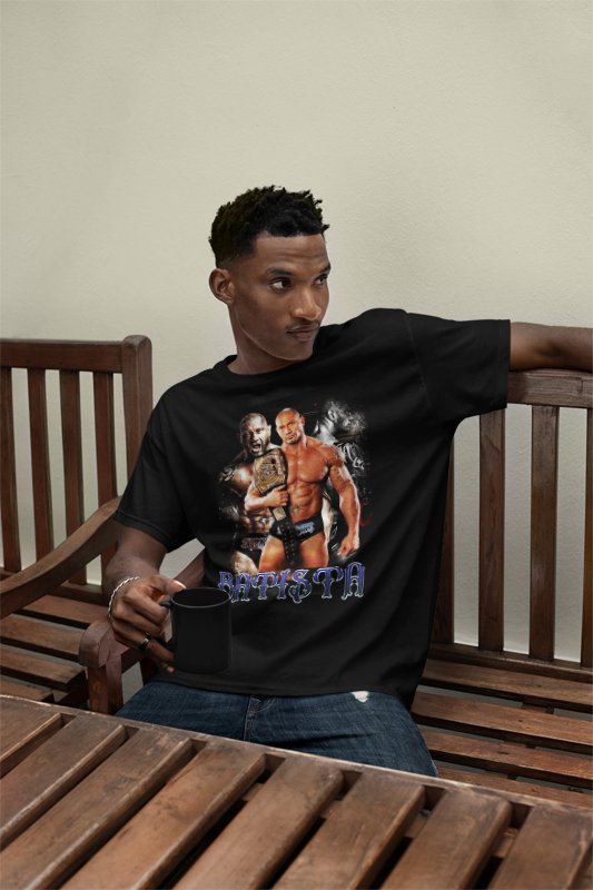 Load image into Gallery viewer, Batista Three Pose Mens Black T-shirt by EWS | Extreme Wrestling Shirts
