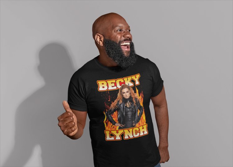 Load image into Gallery viewer, Becky Lynch Standing in Flames Black T-shirt by EWS | Extreme Wrestling Shirts
