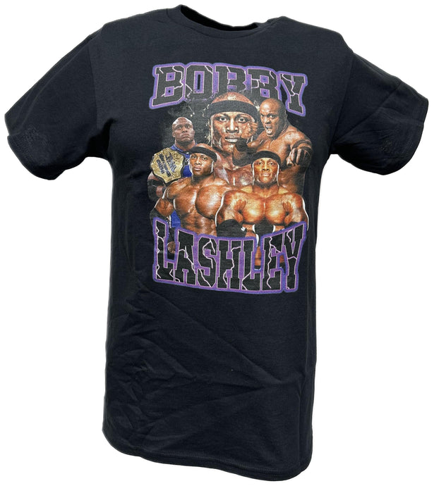 Bobby Lashley Purple Name Five Pose Mens Black T-shirt by WWE | Extreme Wrestling Shirts