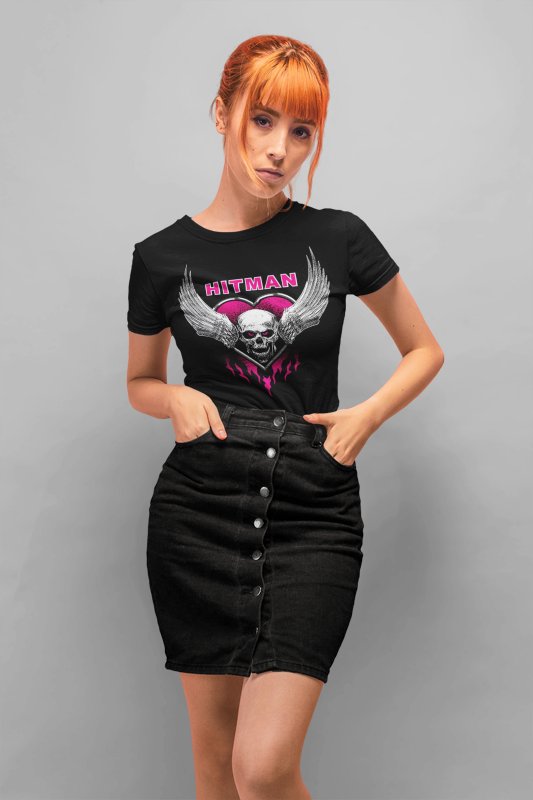 Load image into Gallery viewer, Bret Hart Hitman Winged Skulls Pink Eyes T-shirt by EWS | Extreme Wrestling Shirts
