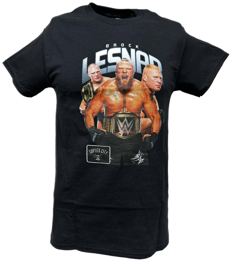 Load image into Gallery viewer, Brock Lesnar Championship Belt Three Pose Mens Black T-shirt by WWE | Extreme Wrestling Shirts
