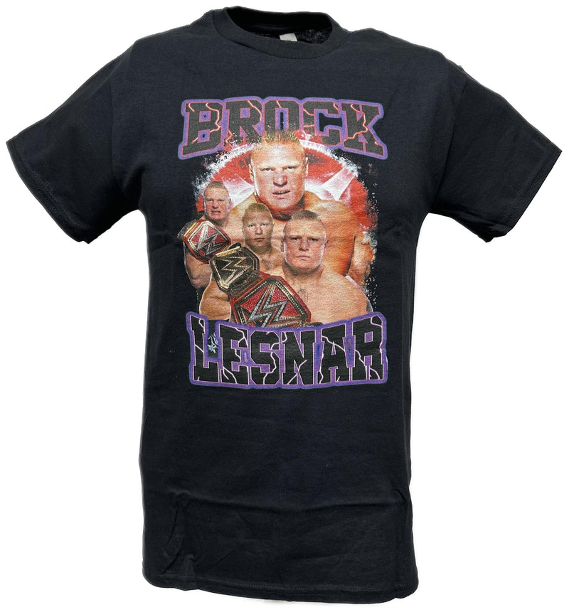 Load image into Gallery viewer, Brock Lesnar Purple Name Four Pose Mens Black T-shirt by WWE | Extreme Wrestling Shirts
