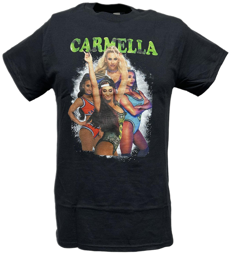 Load image into Gallery viewer, Carmella Womens WWE Superstar Green Name Four Pose Black T-shirt by WWE | Extreme Wrestling Shirts
