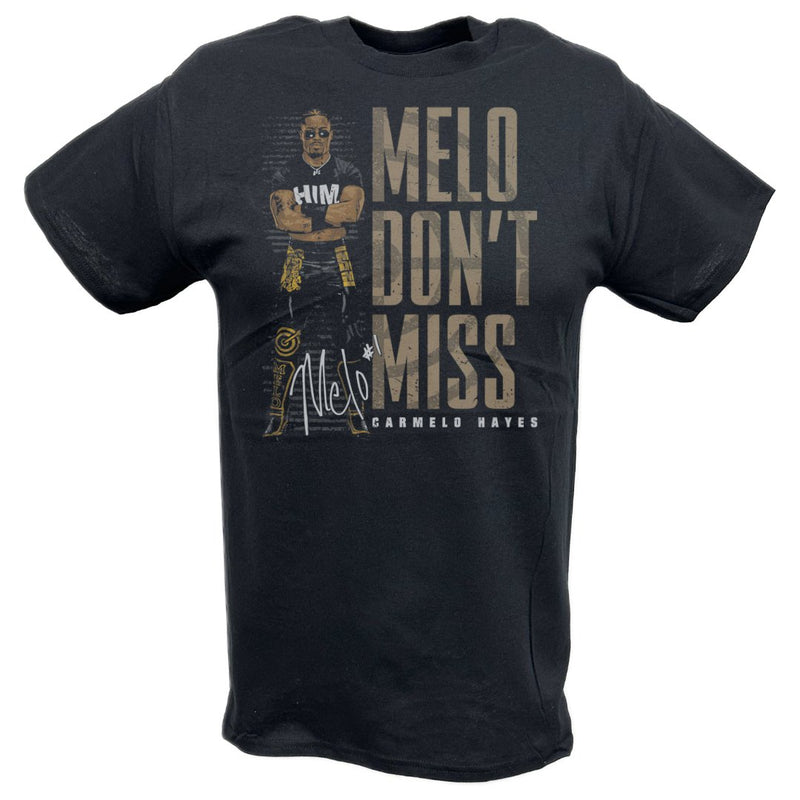 Load image into Gallery viewer, Carmelo Hayes Melo Dont Miss Black T-shirt by EWS | Extreme Wrestling Shirts
