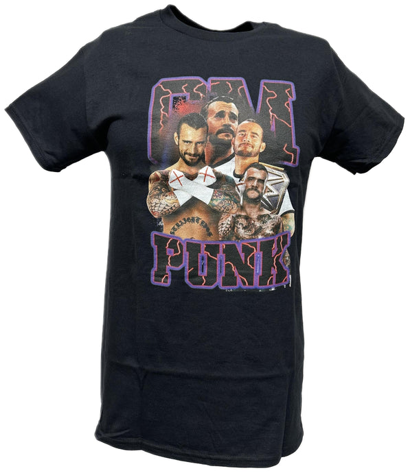 CM Punk Purple Name Four Pose Mens Black T-shirt by WWE | Extreme Wrestling Shirts