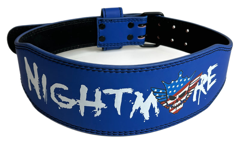 Load image into Gallery viewer, Cody Rhodes American Nightmare Logo Leather Weightlifting Belt Blue by EWS | Extreme Wrestling Shirts
