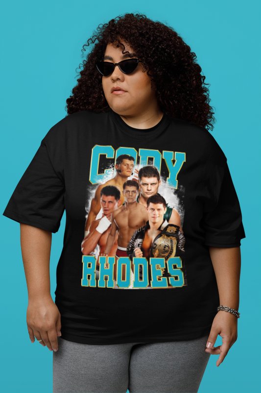 Load image into Gallery viewer, Cody Rhodes Blue Five Pose Black T-shirt AEW WWE by WWE | Extreme Wrestling Shirts
