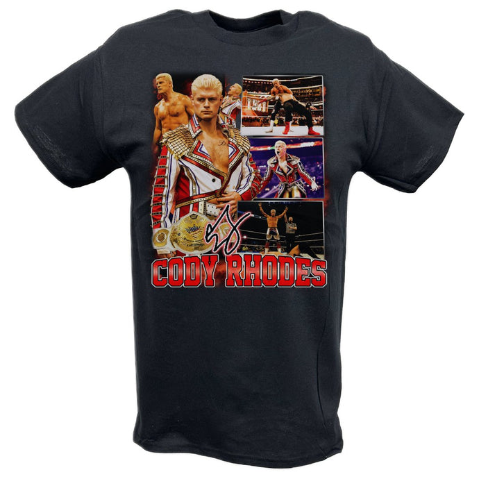 Cody Rhodes In Ring Collage Black T-shirt by EWS | Extreme Wrestling Shirts