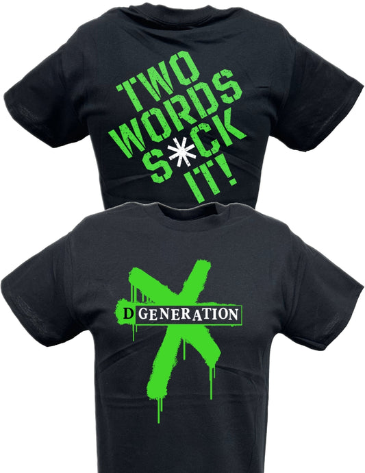 DX D-Generation X Two Words Splatter Green Logo T-shirt by EWS | Extreme Wrestling Shirts