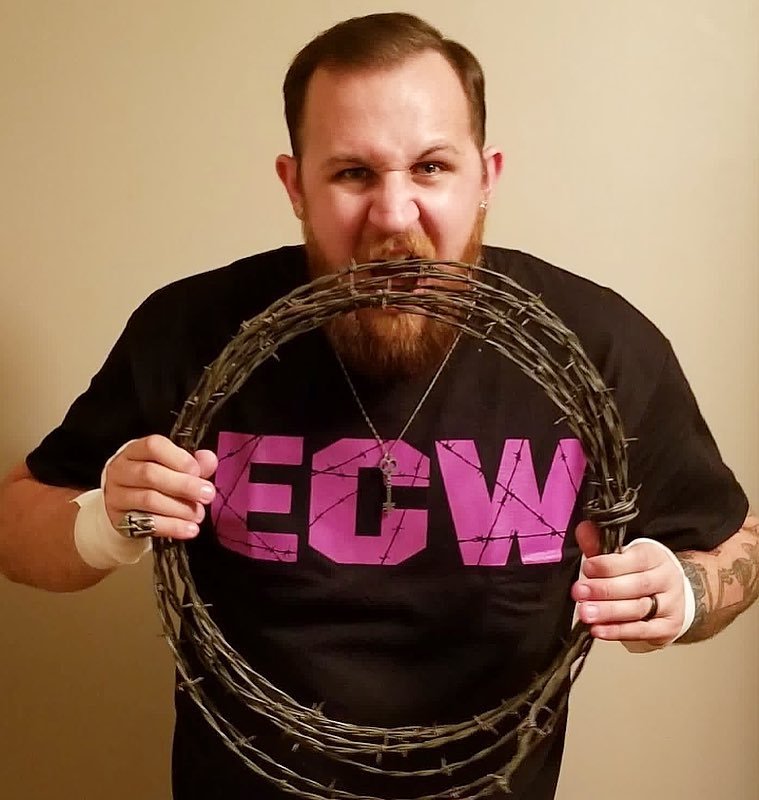 Load image into Gallery viewer, ECW Barbed Wire Purple Logo Mens Black T-shirt Sports Mem, Cards &amp; Fan Shop &gt; Fan Apparel &amp; Souvenirs &gt; Wrestling by Hybrid Tees | Extreme Wrestling Shirts
