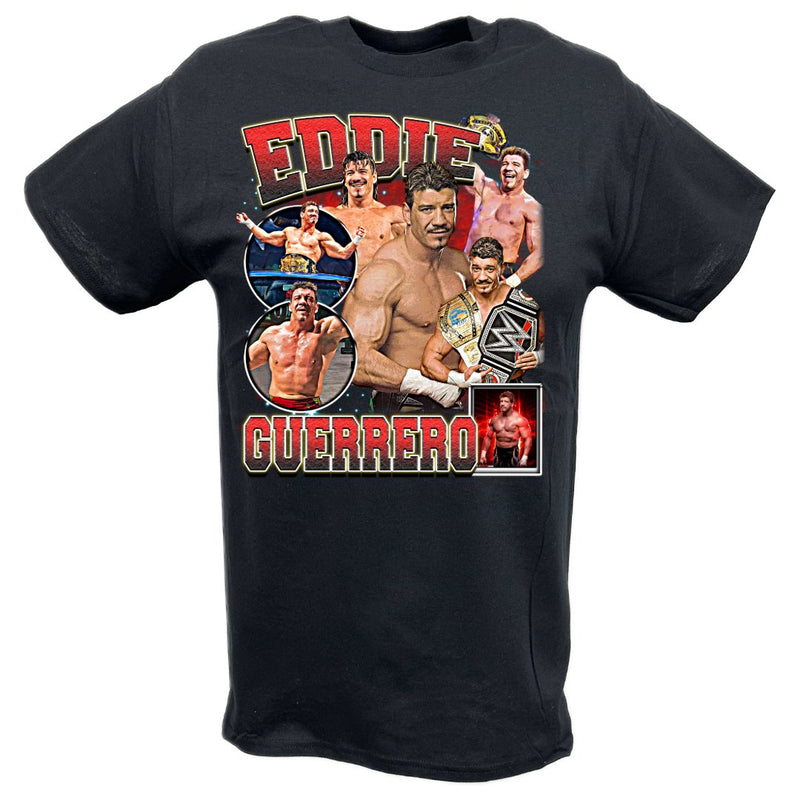 Load image into Gallery viewer, Eddie Guerrero Ultimate Collage Black T-shirt by EWS | Extreme Wrestling Shirts
