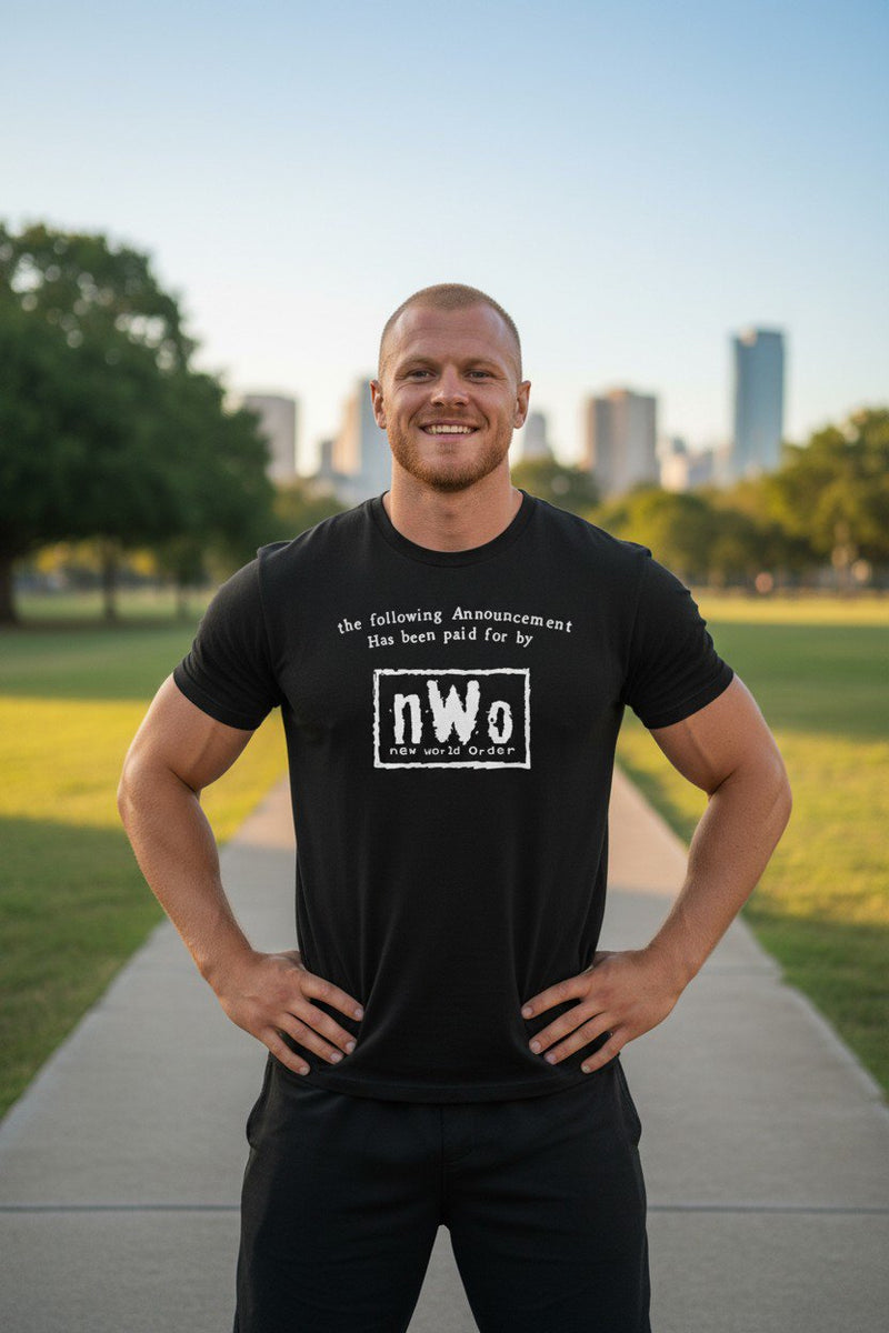 Load image into Gallery viewer, Following Announcement Paid for by nWo New World Order T-shirt
