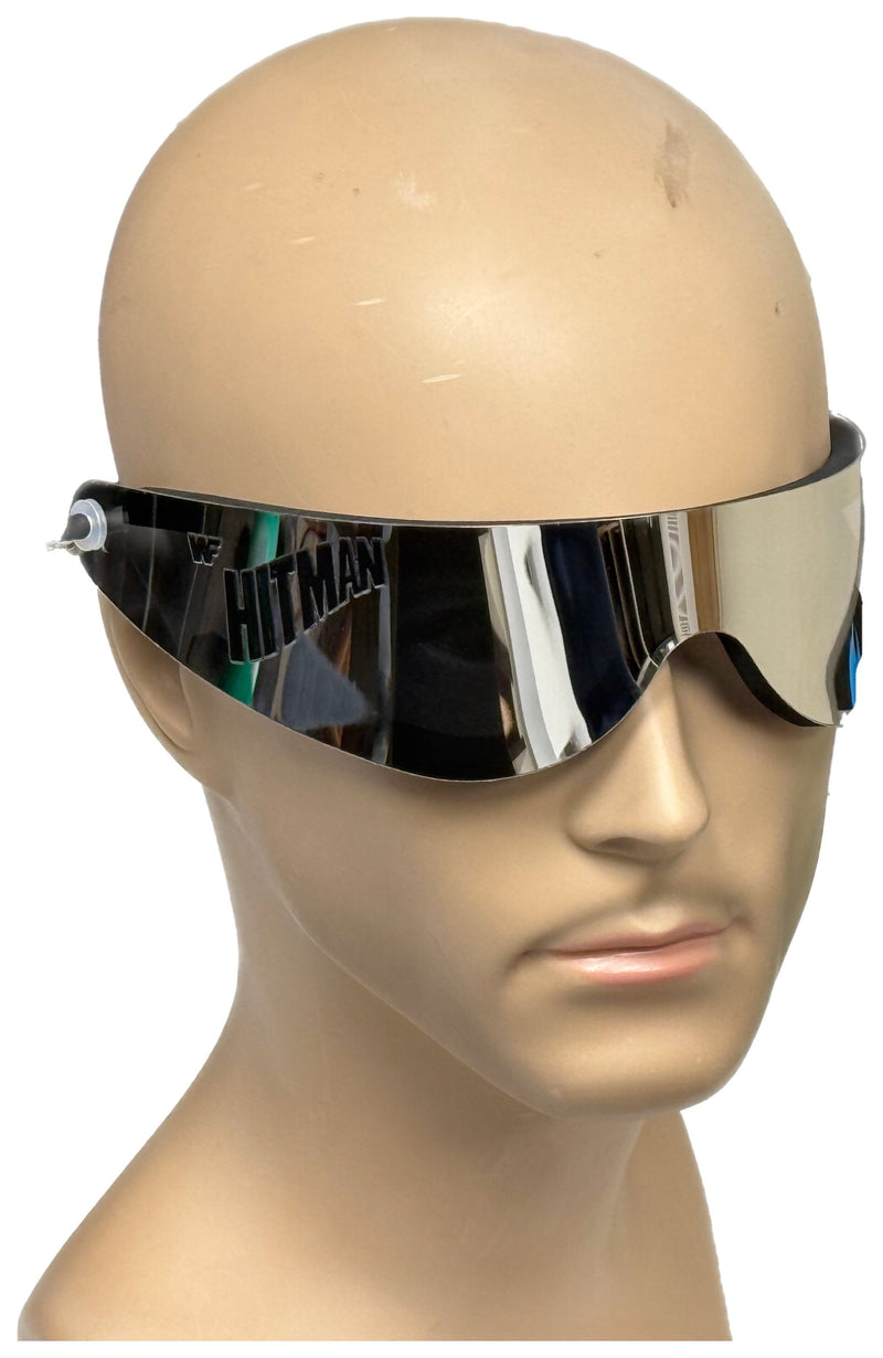 Load image into Gallery viewer, Hitman WWF Logo Silver Bret Hitman Hart Wrap Around Shades Sunglasses by EWS | Extreme Wrestling Shirts
