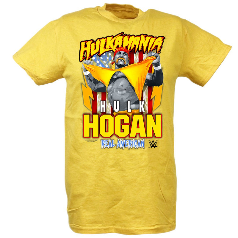 Load image into Gallery viewer, Hulk Hogan Hulkamania Real American USA T-Shirt (Black, Red, and Yellow) S Yellow by EWS | Extreme Wrestling Shirts
