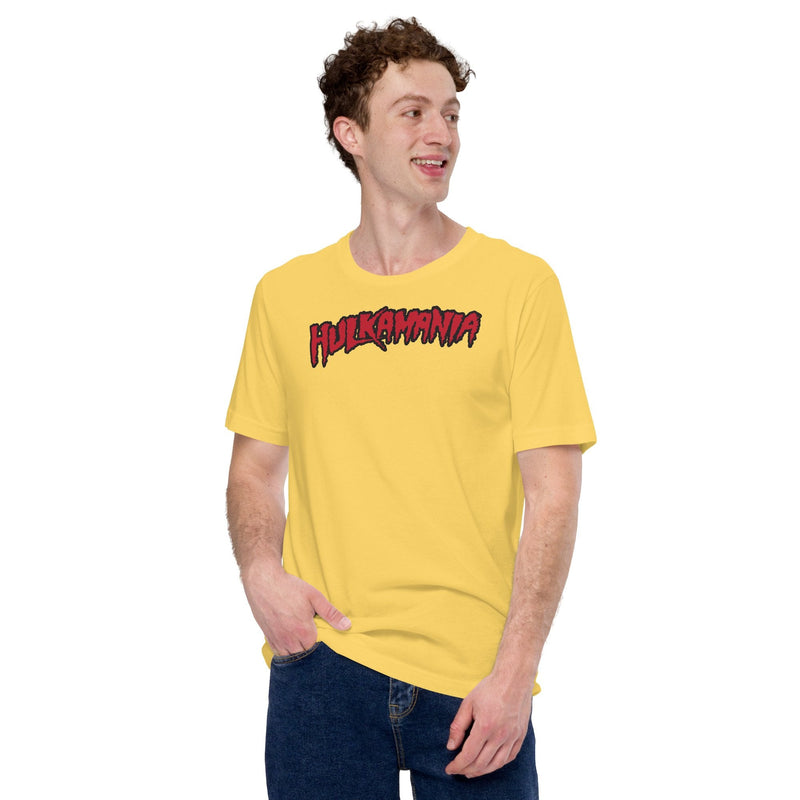 Load image into Gallery viewer, Hulk Hogan Hulkamania Red Logo Mens Yellow T-shirt Sports Mem, Cards &amp; Fan Shop &gt; Fan Apparel &amp; Souvenirs &gt; Wrestling by Hybrid Tees | Extreme Wrestling Shirts
