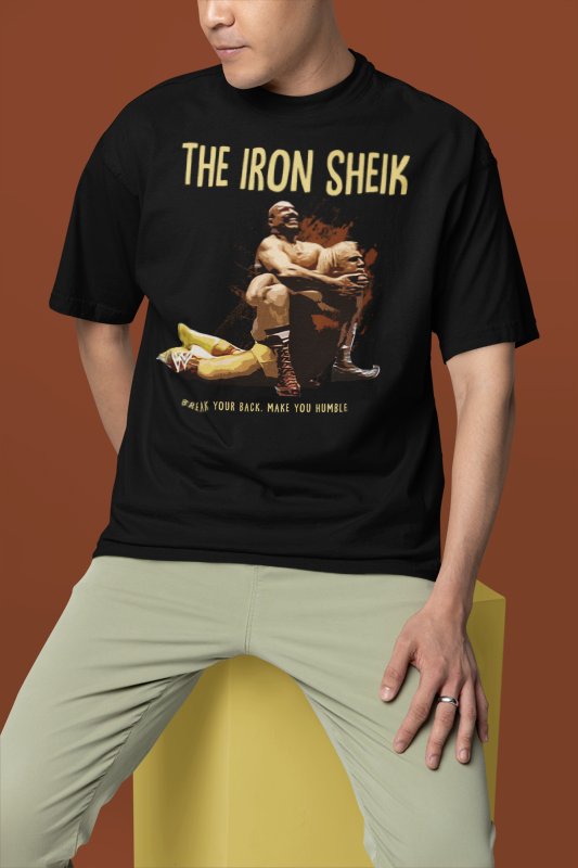 Load image into Gallery viewer, Iron Sheik Hulk Hogan Camel Clutch Black T-shirt by EWS | Extreme Wrestling Shirts
