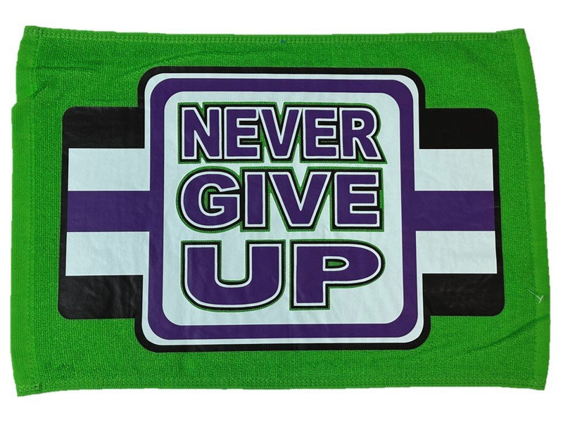 Load image into Gallery viewer, John Cena 12&quot;x18&quot; Never Give Up Fan Rally Towel Green-Purple by EWS | Extreme Wrestling Shirts
