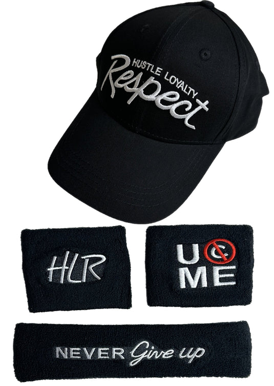 John Cena Black & White 20 Years HLR Never Give Up Baseball Hat Headband Wristband by EWS | Extreme Wrestling Shirts