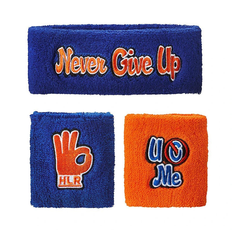 Load image into Gallery viewer, John Cena Headband Wristband Set Blue/Orange HLR Never Give Up by WWE | Extreme Wrestling Shirts
