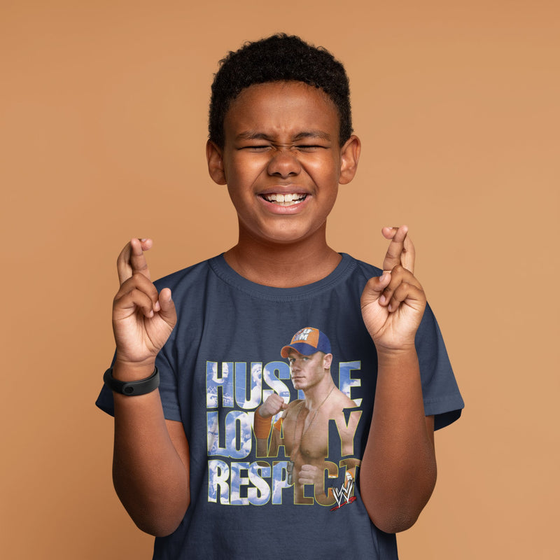 Load image into Gallery viewer, John Cena Hustle Loyalty Respect Navy Blue Kids WWE T-shirt Boys by EWS | Extreme Wrestling Shirts
