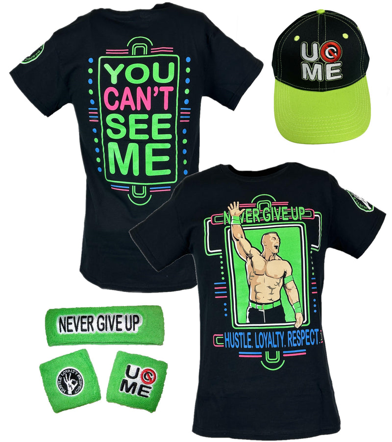 Load image into Gallery viewer, John Cena Mens Neon Green Costume Hat T-shirt Wristbands by EWS | Extreme Wrestling Shirts
